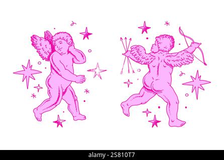 Contours de chérubin et dessin au trait pour la Saint-Valentin avec vecteur Cupidon. Vecteur symbole de l'amour et romantique. Antique Angel Baby Cupid illustration Illustration de Vecteur