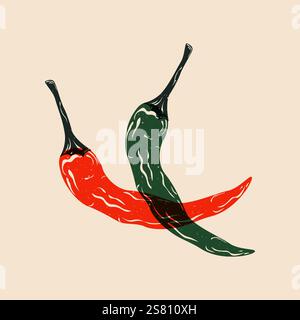 Piment fort. Effet imprimé riso végétal épicé rouge de dessin animé, conception de risographe d'aliments biologiques frais, ingrédient de régime végétarien végétalien sain plat St Illustration de Vecteur