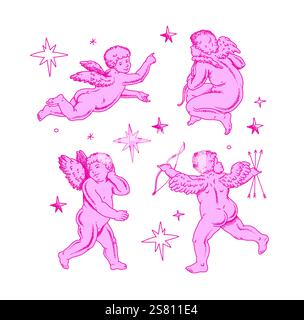 Contours de chérubin et dessin au trait pour la Saint-Valentin avec vecteur Cupidon. Vecteur symbole de l'amour et romantique. Antique Angel Baby Cupid illustration Illustration de Vecteur