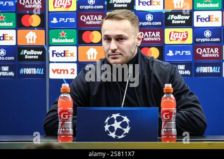 Bruges, Belgique. 20 janvier 2025. Teun Koopmeiners de la Juventus photographié lors d'une conférence de presse du club italien Juventus, lundi 20 janvier 2025 à Bruges. Demain, ils joueront contre le Club belge Brugge KV, le septième jour (sur 8) de la phase de ligue de l'UEFA Champions League. BELGA PHOTO BRUNO FAHY crédit : Belga News Agency/Alamy Live News Banque D'Images