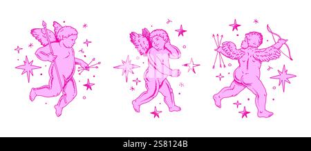 Contours de chérubin et dessin au trait pour la Saint-Valentin avec vecteur Cupidon. Vecteur symbole de l'amour et romantique. Antique Angel Baby Cupid illustration Illustration de Vecteur