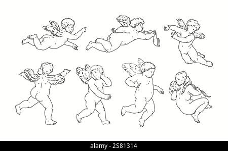 Contours de chérubin et dessin au trait pour la Saint-Valentin avec vecteur Cupidon. Vecteur symbole de l'amour et romantique. Antique Angel Baby Cupid illustration Illustration de Vecteur