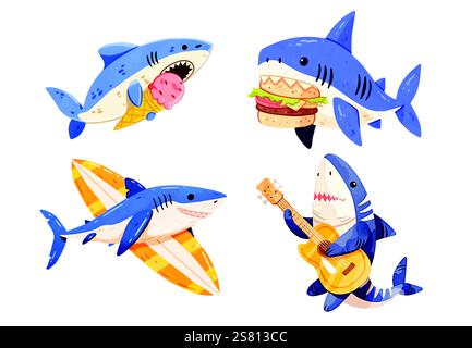 vecteur de jeu de requins d'été de dessin animé d'aquarelle mignon Illustration de Vecteur