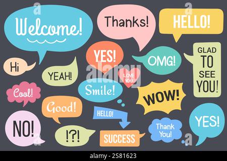 Hand drawn speech bubbles with different text, vector eps10 illustration Illustration de Vecteur
