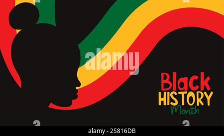 Affiche du mois de l'histoire des Noirs. Silhouette de profil femme afro-américaine et drapeau rouge, jaune et vert. Illustration vectorielle. tempo de fête horizontale Illustration de Vecteur