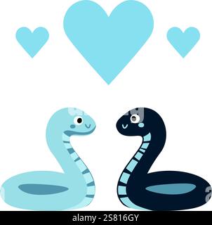 Deux serpents de dessin animé en bleu et noir avec des coeurs au-dessus. Illustration vectorielle plate sur un fond blanc. Illustration de Vecteur