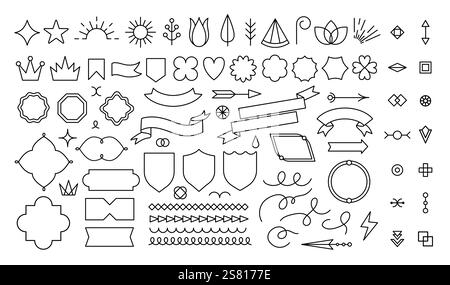 Éléments emblématiques rétro. Cadres géométriques linéaires minimaux et icônes décoratives simples Sunburst pour la conception de logo, style vintage moderne. Collecte vectorielle Illustration de Vecteur