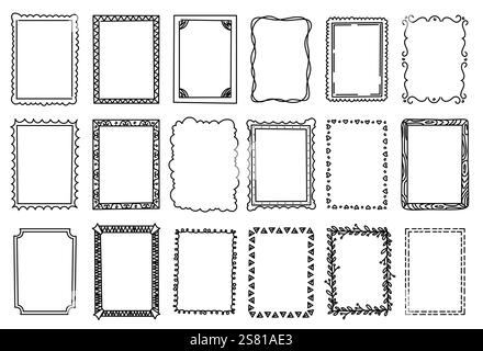 Cadres de griffonnage en ligne. Bordures d'esquisse simples pour le texte, vignettes vintage dessinées à la main et coins, mignons éléments de conception de gribouillage au crayon rustique. Ensemble de vecteurs. Illustration de Vecteur
