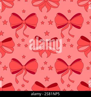 Modèle sans couture, noeuds linéaires simples dessinés à la main de ruban. Fond rouge Illustration de Vecteur