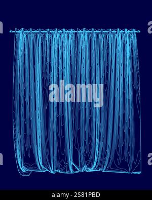 Rideau bleu avec une bande est montré dans un fond bleu. Le rideau est ouvert, révélant un motif rayé bleu et blanc Illustration de Vecteur