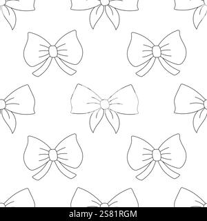 Modèle sans couture, noeuds de ruban dessinés à la main simples. Silhouette noire linéaire sur fond blanc Illustration de Vecteur