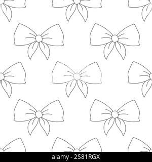 Modèle sans couture, noeuds de ruban dessinés à la main simples. Silhouette noire linéaire sur fond blanc Illustration de Vecteur