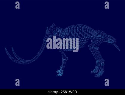 Image bleue d'un éléphant squelettisé. Le squelette est montré de manière très détaillée et réaliste, avec les défenses et autres caractéristiques de l'éléphant c. Illustration de Vecteur