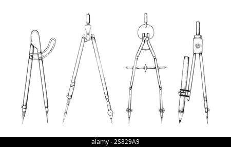 Boussole vintage. Esquisser la papeterie. Enseignement des mathématiques. Outil d'architecture ou mesure de dessin d'ingénieur. Instruments scientifiques. Matériel scolaire. Mathématiques Illustration de Vecteur