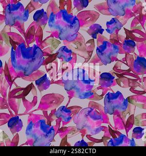 Motif aquarelle coloré peint à la main orné de fleurs violettes et roses. Parfait pour les textiles, papier d'emballage, papiers peints, dessins de cartes, décor Banque D'Images