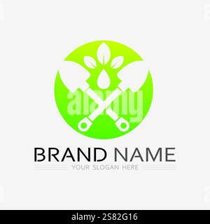 Logo de jardinage avec icône de pelle et arbre avec modèle de logo de feuilles vertes. Illustration de Vecteur
