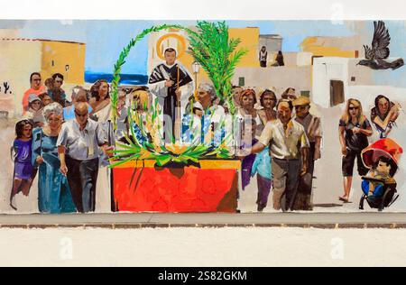 Murale à l'extérieur de l'église de San Martin de Porres, El Roque, Oliva, Fuerteventura. Prise en décembre 2024. Banque D'Images