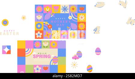 Bannière géométrique printanière avec des éléments et des symboles de saison, fleurs, feuilles et texte. Poster, flyer printemps saison modèle tendance pour web, social Medi Illustration de Vecteur