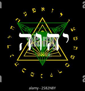 Ensemble de lettres hébraïques qui forment le mot YHWH, également appelé le Tetragrammaton, sur un fond noir. Illustration de Vecteur