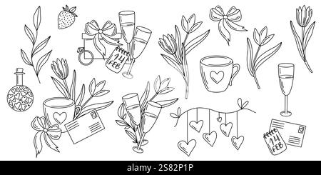 Illustration vectorielle dessinée à la main des objets et symboles de la Saint-Valentin. Les éléments romantiques comprennent les fleurs, les coeurs, les arcs, les cadeaux et les verres. Parfait pour Illustration de Vecteur
