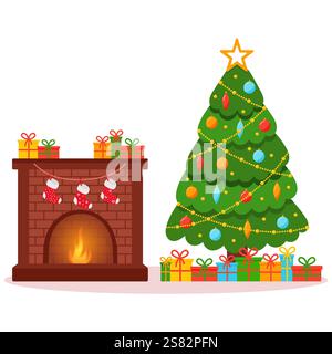 Arbre de Noël avec cadeaux et cheminée. Illustration de Vecteur
