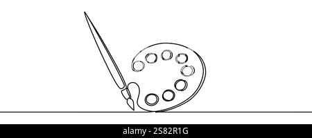 Pinceau de dessin continu d'une ligne et palette de peinture avec peintures. Journée mondiale de l'art. Profession de peintre. Illustration de Vecteur
