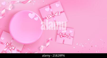 Podium élégant rose avec cadeaux - cadeaux emballés décorés de rubans de soie, de noeuds, d'ornements de coeur et de confettis dispersés sur backgrou pastel Illustration de Vecteur