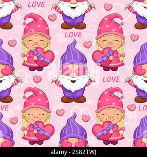 Modèle sans couture avec de mignons gnomes de bande dessinée. Illustration vectorielle de vacances sur un fond rose avec homme nain et femme, coeurs et mot amour. Illustration de Vecteur