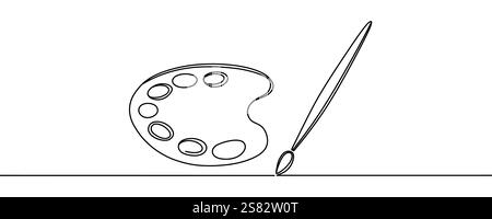 Pinceau de dessin continu d'une ligne et palette de peinture avec peintures. Journée mondiale de l'art. Profession de peintre. Illustration de Vecteur
