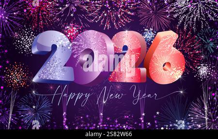 Carte de voeux de la Saint-Sylvestre 2026 avec feux d'artifice scintillants. Concept de carte postale joyeuses fêtes, fond de vacances avec des paillettes. Réseau social Illustration de Vecteur