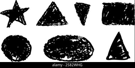 Ensemble de formes géométriques dessinant au charbon de bois. Manuscrit par cercle de crayon de cire de couleur noire, étoile, triangle. Collections d'éléments scolaires dessinées par huile ou Illustration de Vecteur