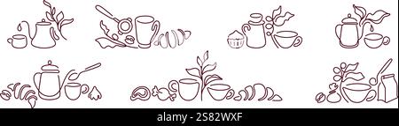 Tasse à café, lot de ligne de thé. Croquis de bonbons, croissant, truffe, muffin. Logo abstrait de boulangerie et café. Boisson naturelle à base de plantes Illustration de Vecteur