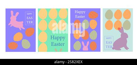 Ensemble de cartes de pâques joyeuses géométriques colorées avec œufs et lapins. Illustration de Vecteur