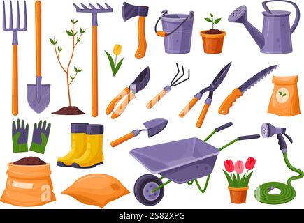 Instruments de jardin de dessins animés. Outils de jardinage, équipement agricole de printemps de jardinier pelle râteau bêche graines plantes tuyau de chariot de brouette, ensemble d'agriculture de bande dessinée illustration vectorielle timide illustration originale Illustration de Vecteur
