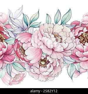 Les coups doux capturent l'élégance des pivoines roses entourées de feuilles vertes luxuriantes, célébrant l'essence des fleurs printanières à motif sans couture Illustration de Vecteur