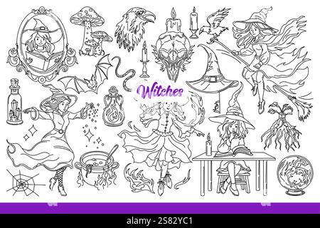 Sorcières lisant des livres avec des sorts de sorcellerie et préparant une potion magique dans un chaudron. Sorcières de conte de fées près de souris collantes et tête d'aigle avec toile mystérieuse ou chapeau de dire la fortune. Dessiné à la main. Illustration de Vecteur