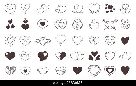 Des coeurs noirs de doodle. Icônes d'amour simples, éléments de vacances romantiques, symboles de la Saint-Valentin, différentes formes dessinées à la main, décor et dessins gribouillés Illustration de Vecteur