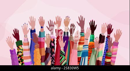 Les mains levées des femmes multiculturelles du groupe. Diversité - inclusion - égalité - pouvoir des filles ou concept d'autonomisation. Journée internationale de la femme Illustration de Vecteur
