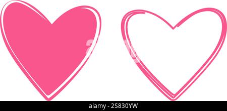 Contour dessiné à la main et forme de coeurs remplis en rose tendance. Concept de conception de salutation Saint-Valentin. Illustration vectorielle isolée cartes thématiques, dépliant, invitation, prix, étiquette ou bannière promo web Illustration de Vecteur