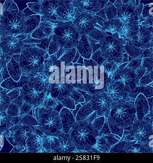 Motif floral bleu avec de nombreuses fleurs et feuilles. Les fleurs sont petites et les feuilles sont grandes. Le motif est très complexe et détaillé Illustration de Vecteur