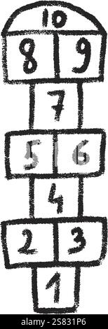 Hopscotch jeu isolé sur fond blanc. Aire de jeux pour enfants en plein air. Illustration vectorielle dessinée à la craie. Illustration de Vecteur