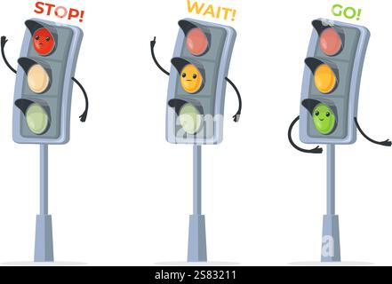 Caractère de feu tricolore. Sémaphores mascottes de dessins animés, personnages de trafic vert jaune rouge signal stop wait Go commande pour les écoliers règles de contrôle routier illustration vectorielle illustration originale Illustration de Vecteur