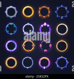 Cadres d'avatar de jeu. Jante métallique d'interface de jeu, cadre de cercle doré argent fantaisie rond frontières ui Asset ancien élément de rang d'utilisateur de rpg médiéval, set dessin animé habillé illustration vectorielle originale Illustration de Vecteur