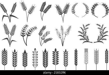 Silhouettes d'oreilles de blé. Oreilles d'orge, grains d'avoine riz spike plante céréalière spikelet logo noir icônes boulangerie de pain ou de produits de bière emblèmes de la ferme symbole de récolte illustration vectorielle soignée illustration originale Illustration de Vecteur