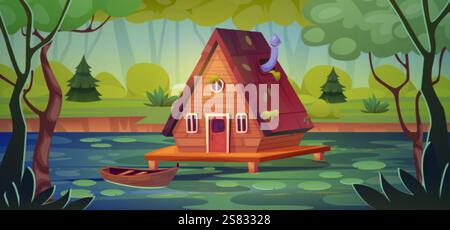 Maison marécageuse. Bateau de cabane en bois sur pilotis dans le morass sauvage, sorcière maison mystérieuse jungle forêt mystique sur l'étang ou le lac, marais jeu de fantaisie scène de dessin animé paysage swanky illustration vectorielle illustration originale Illustration de Vecteur
