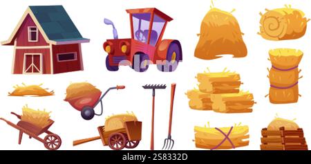Culture du foin de dessins animés. Équipement agricole, éléments de village rural d'agriculture grange foin balle de blé sec épis de pile tracteur de foin chariot râteau de brouette, ensemble chic illustration vectorielle illustration originale Illustration de Vecteur