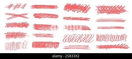 Ensemble de soulignement de crayon. Ensemble de lignes de gribouillage au crayon. Illustration vectorielle tracée à la main des coups de pinceau barré isolée. Le rouge met en évidence le style manuscrit Illustration de Vecteur