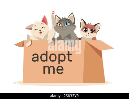 Chatons assis dans une boîte en carton. Les animaux domestiques sans-abri trouvent la maison, la charité et la promotion de l'adoption, les petits chats, la conception de bannière ou de carte, les médias post Illustration de Vecteur