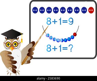 Jeux éducatifs pour les enfants, addition mathématique, formation numéro neuf, avec professeur de chouette. Illustration de Vecteur