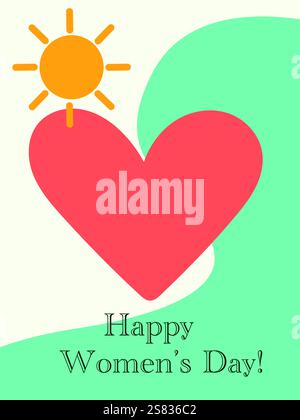 Carte postale colorée avec l'inscription Happy Women's Day. Fleurs lumineuses, soleil, feuilles. Illustration de Vecteur